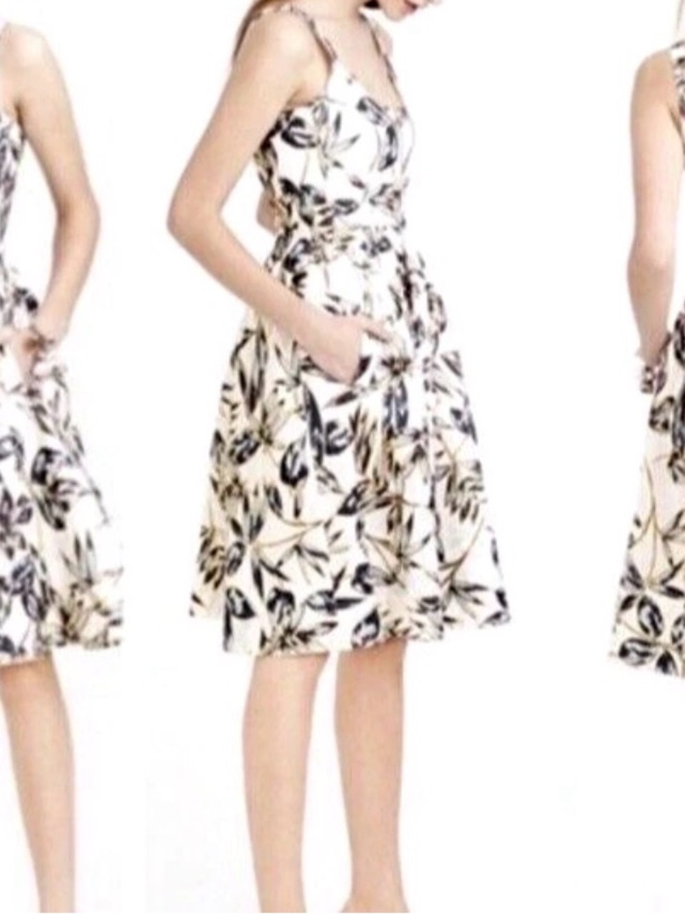J. Crew Gold Foil & Blue Leaf Stretch Midi Dress with Pockets